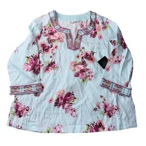 John Mark Womens Size Large‎ Blue Floral Beaded  V-Neck Linen Blend Tunic NWT